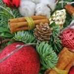 Коробка новогодняя красная с корицей, веточками и шарами